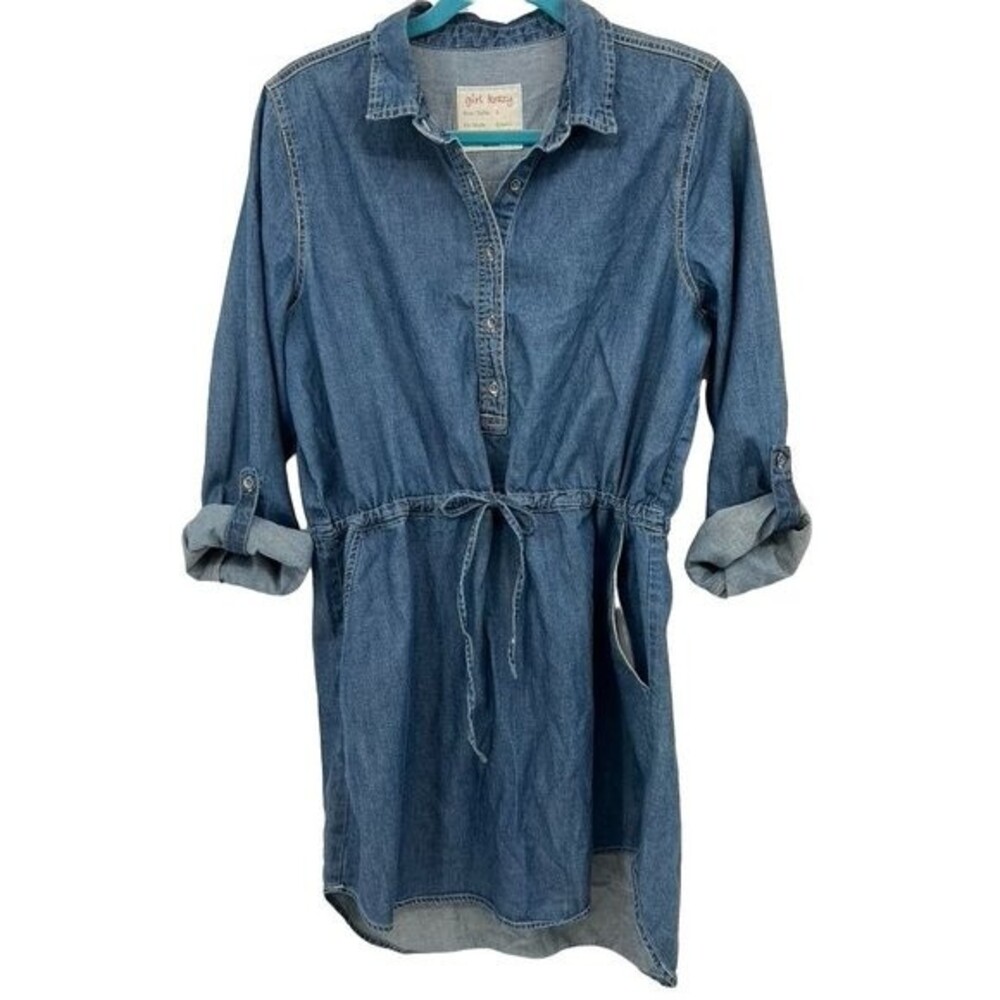 Girl Crazy L Chambray Shirtdress Cinch Belt Convertible Sleeves Roll Collar Easy